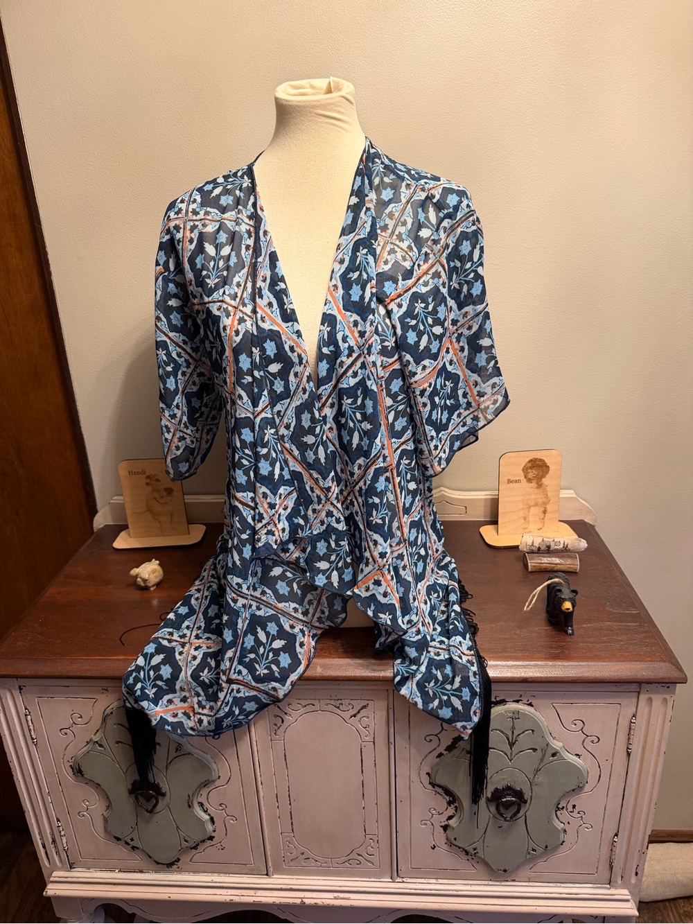 LuLaRoe Navy and Light Blue Floral Open Cardigan with Rust Accents